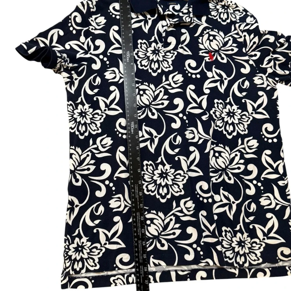 Polo Ralph Lauren French Floral Mesh Polo Shirt Navy Cream Red Pony Mens Sz M